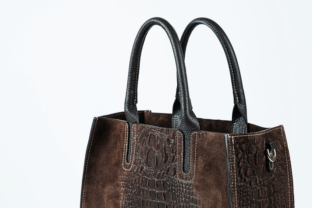 Brown crocodile print suede tote bag by Endrizzi Handbags