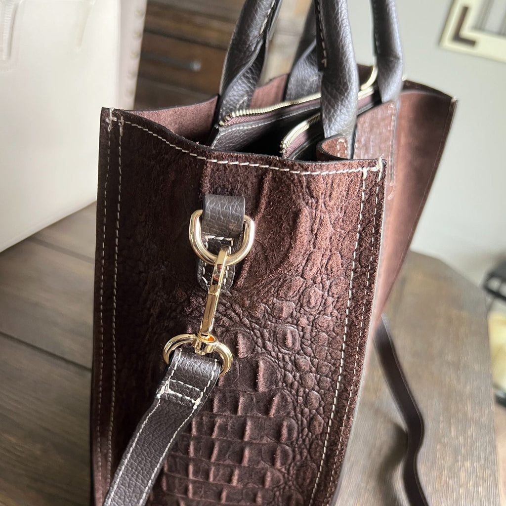 gold hardware on brown suede tote bag with crocodile print by Endrizzi